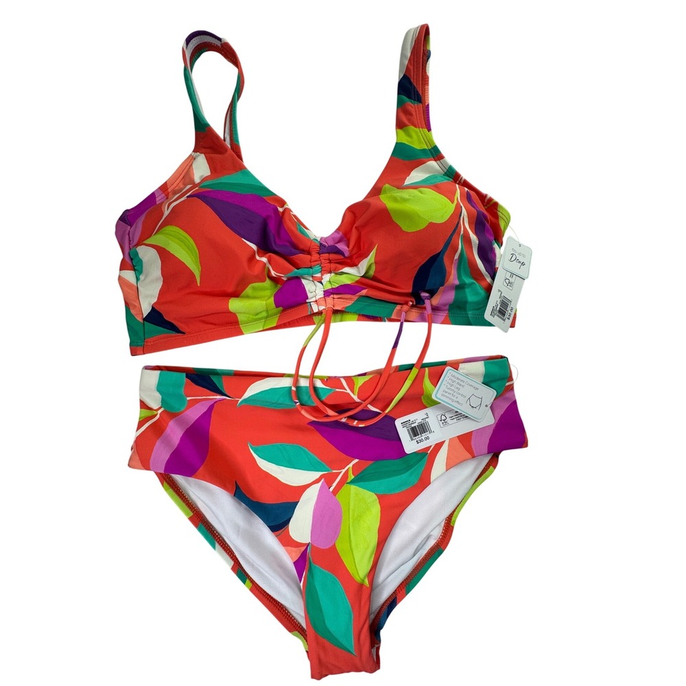 Kohl's FreeSpirit Tropical Leaf Bikini Set High Waist Tummy Control D Cup Large
